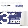 Tissue Expert Asciugamani da cucina, 64 rotoli da 64 fogli, rotoli da cucina a 3 strati, 100% cellulosa, rotoli assorbenti per la casa, asciugamani di carta, carta da cucina