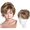 QRSTUVXZY Topper for capelli sintetici da 4,5 pollici for donne con capelli diradati - Taglio Pixie - 7x7 pollici 150 densità resistente al calore(Light Brown highlights)