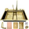OMGMTSTORE Golden 68 × 45 cm Lavandino Singolo Cascata Multifunzionale per Bar Con Rubinetto Pull-Down e Set Completo di Accessori