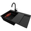 PRIMAGRAN Lavandino da Cucina Tutto Nero 78x50cm, Lavello in Granito a 1 vasca + Rubinetto 32x20cm + Set di accessori, Lavabo da Cucina Incasso al Mobile 50cm - Sydney Ergo S382