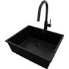 PRIMAGRAN Lavandino sottotop Tutto Nero 56x47cm, Lavello in Granito a 1 vasca + Rubinetto 40x20cm + Set di accessori, Lavabo da Cucina al Mobile 60cm - London S316