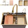 OMGMTSTORE Lavello Cucina Con Cascata 75 x 45 cm,Lavello Cucina 1 Vasca In Acciaio Inox,Lavello Oro Multifunzione Cucina,Con Rubinetto Estraibile,Sifone,Dispenser Sapone,Lavello Mobile e Tagliere