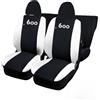 Rebeca Shop® Coprisedili Auto Compatibili con Seicento 600, Made In Italy, Tessuto Policotone 210 Grammi MQ, Logo Auto Ricamato, Anteriori e Posteriori set completo (Nero/Bianco, Con Logo)