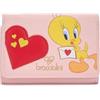 Braccialini Beth Looney Tunes Portafoglio modello continental di media grandezza di colore rosa decorato con stampa "Tweety" sia fronte che retro.