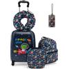 SOARS Set di 5 Pezzi Valigia 16'' + Zaino 13'' per Bambini, Bagagli 5-in-1 con Cuscino per Collo, Borsetta da Pranzo e Etichetta, Trolley con Maniglia Telescopica e Ruote Universali (Nero Dino-Space)