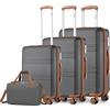 KONO Set di 4 Valigie Rigida e Leggera valigia (55cm/66cm/75cm) in ABS+PC con 4 Ruote Rotanti e Lucchetto TSA & Borsa da Viaggio Ryanair 40x30x20, Grigio/Marrone