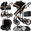 Nine point nine Trio Passeggino Neonati, Passeggino 3 in 1 con Doppia Modalità Spinta Reversibile, Carrozzina per Neonati con Grande Nacelle, Passeggino Trio con Telaio in Alluminio (588 Black Gold)