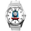 Taport® Orologio analogico al quarzo con cinturino in vera pelle argentato rotondo per fan del trenino Thomas