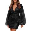 Yekdmxop Abito Elegante Donna Vestiti Donna Eleganti Corti Vestito Paillettes Vestitino Sexy Vestiti Scollo a V D'onore Abiti Glitter Dress Mini Abito Abito Tailleur Festa Carnevale Black Friday 2024 Offerte