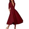 ORANDESIGNE Donna Vestiti Lunghi da Matrimonio Elegante Collo V Vestito A Pieghe Skater Cocktail Abito Maniche 3/4 Maxi Damigella Sera Cerimonia Primavera Vino Rosso 46