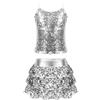 Agoky Tuta Danza Lucido Costume da Danza Bambina Ragazza Completi 2 Pezzi Crop Top a Manica Lunga Pantaloncini Gonna Culottes Tuta da Ballo Jazz Competiizione Dancewear D Argento 9-10 Anni