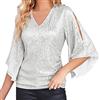 Yekdmxop Blusa Donna Elegante con Paillettes Taglie Forti Scollo a V Maglia Strass Sera Camicia Argento Manica Lunga Tops Curvy Brillantini Maglietta Capodanno Glitter Oro Magliette Natale T Shirt