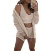 WIWIDANG Cozy Knit Set 3-Piece, Pigiama da donna in pile peloso caldo e sexy, completo in 3 pezzi, set di pantaloncini con top corto e soffice (S, Purple-b)