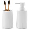 GAHEFY Set di 2 accessori da bagno, dispenser di sapone da 250 ml e bicchiere per spazzolino, design moderno con scanalature in plastica ABS, per lavandino e mensola da bagno (bianco)