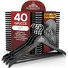Eurocali 40 Grucce Appendiabiti in Legno Nero per Abiti Vestiti Giacche Camicie - RealGruccia Barra porta Pantaloni Tacche Antiscivolo e Gancio Girevole 360° - Profilo Smussato e Finitura Lucida - 22x45cm