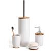 BM Set Accessori Bagno 4 Pezzi in Ceramica e Bambù - Dispenser Sapone, Portaspazzolino, Portasapone, Porta Scopino WC - Design Moderno ed Elegante per un Bagno Ordinato e Raffinato