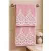 Corredocasa Coppia Asciugamani Bagno per Viso e Ospite, Made in Italy - Soffice Spugna di Cotone con dettagli in Macramè con Manifattura Italiana di Alta Qualità - 60x110cm e 40x60cm (Rosa)