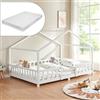 [en.casa] Letto a Casetta con Materasso 120x200 cm Bianco | Barriera di Protezione, Piazza e Mezza per Bambini, Struttura in Legno di Pino, Schiuma Fredda, Stile Montessori, Cameretta