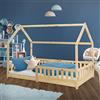 ML DESIGN modern living ML-Design Letto a Casetta per Bambini 90 x 200 cm Naturale, in Legno di Pino, Struttura con Protezione Anticaduta, Tetto e Rete a Doghe, Lettino a Terra Montessori a Forma di Casa per Cameretta