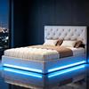 MOTUZP Letto Matrimoniale 140 x 200 cm con Contenitore, Idraulico con Base a Doghe | Letto Imbottito con Sollevamento Idraulico, Testiera Regolabile in Altezza con LED, Tessuto Beige, No Materasso