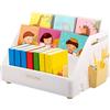 Deuson Montessori - Libreria per bambini con 3 ripiani, pieghevole per bambini, con ganci e cestino sospeso, per camera dei giochi, camera da letto, cameretta dei bambini (bianco)