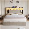 FAAMEPBO Letto matrimoniale 160x200, struttura letto imbottita in tessuto con 4 cassetti, testiera con LED RGB, prese USB/USB-C e rete a doghe (Beige, 160x200)