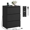 FirFurd Comodino con Presa, Comodino Camera da Letto con 3 Cassetti, Nero | Cassettiera con 2 Prese AC e 2 Porte USB｜1.8m Cavo di Alimentazione｜Tavolino per Soggiorno e Camera Letto｜Moderno｜45x38x66cm