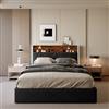 BSMGSGN Letto Matrimoniale 160x200 con Contenitore Idraulico, Testiera T con USB e Luci LED, Pelle PU e Effetto Legno Bruciato Nero, Senza Materasso (Nero-J, 160x200 cm)