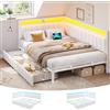 DICTAC Divano letto 140 x 190 con 2 cassetti e presa USB, telaio letto 140 x 190 con rete a doghe in metallo, letto cassettiera 140x190 con illuminazione a LED, letti per 2 persone in lino, Beige