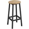 NMK HOME Sgabello da bar rotondo 65 cm - sgabello da cucina con struttura in metallo nera e seduta effetto rovere Sonoma, sgabello stabile con poggiapiedi per cucina o bar