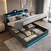 HOOGDLJ Letto Imbottito, 140 x 200 cm, con Contenitore, Letto Matrimoniale con Spazio di Archiviazione e Sommier con Doghe, Idraulico, Illuminazione LED e Spazio di Archiviazione USB, per Adulti e