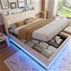 HOXINBLY Letto Matrimoniale con Contenitore 140x200 cm con LED e USB, Letto imbottito una piazza e mezza con Testiera e Vano Portaoggetti,con rete a doghe, in tessuto di lino beige