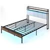 LIFEZEAL Telaio per letto matrimoniale con rete in metallo, 218,5 x 140,5 cm, testiera con stazione di ricarica e luci, ripiano portaoggetti, telecomando, carico 500 kg, stile industriale