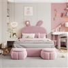 Lexiou 140 x 200 cm, letto matrimoniale, letto idraulico, orecchie di coniglio con luminosità regolabile, strisce luminose color caldo, spazio sotto il letto, con due sgabelli, velluto (rosa)