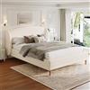 NADEUSAK Letto imbottito 140 x 190 cm con rivestimento bouclé, testiera curva, robusta rete a doghe, gambe in legno di gomma bianco avorio, senza materasso