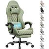 SOLAVERO Sedia Gaming Massaggiante in Tessuto Suédine, Poltrona Gaming Ergonomico con Supporto Lombare, Sedia Gamer con Poggiapiedi Telescopico, Portata 150kg, Verde Oliva