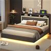 Wyibwy Letto matrimoniale 160x200 con porta USB e luce LED, testiera imbottita con contenitore, struttura letto 160x200 con base, letto piano, design sospeso, lino, grigio