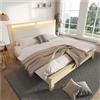 Wyibwy Letto matrimoniale 160x200cm, testiera con vano contenitore, illuminazione a LED e schienale in velluto a coste color beige, letto in legno, colore rovere chiaro (senza materasso)