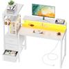 SOLAVERO Scrivania Gaming con LED e Presa, 112cm Scrivania Computer Reversibile con Ripiani & Cassetti in Tessuto, Tavolo Gamer con Supporto per Monitor e Gancio per Cuffie, Bianco