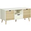 HOMCOM Mobile Porta TV max 50 Moderno con Cassetto, Ripiano Aperto e 2 Armadietti, Mobile TV con 5 Gambe in Legno di Pino, 110x40x50 cm, Bianco e Colore Legno