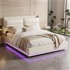 HYTKKBD Letto Matrimoniale Imbottito 140 x 200 cm con Contenitore, LED Regolabili e Ricarica Wireless,Schienale Rimovibile, Montaggio Facile, Senza Materasso, Flanella beige