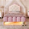 Lubvtti Letto imbottito 90 x 200 cm con luce ambiente con telecomando, forma a corona di principessa, letto singolo, telaio del letto 90x200 con rete a doghe, PU, senza materasso, rosa