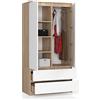 BDW - Armadio a 2 ante, 4 ripiani, spazio per appendere, 2 cassetti, per camera da letto, soggiorno e corridoio, 180 x 90 x 51 cm (bianco Sonoma/bianco)