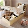 Wyibwy Struttura letto singolo 90x200cm con porta USB e presa Type-C,letto in legno con sistema idraulico contenitore,letto 90x200 con testiera imbottita con vano contenitore,senza materasso,Naturale