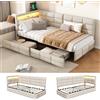 BSMGSGN Divano Letto Singolo 140x190 cm con LED, USB e 2 Cassetti, Letto Imbottito a L in Tessuto di Lino Beige, Letto con Contenitore Moderno e Funzionale per Camera da Letto, Senza Materasso