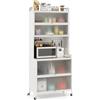 COSTWAY Credenza Alta per Cucina con 6 Ripiani e 4 Ante a Ribalta Traslucide, Mobile Cucina con Ruote e Panello a Ganci, Armadio Cucina Porta Microonde (80 x 40 x 178 cm,Bianco)