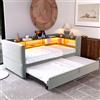 Oxtao Letto imbottito divano letto estraibile 90/180 x 190 cm, letto singolo con prese LED USB, letto giorno con molti scomparti, flanella, senza materasso (grigio chiaro)