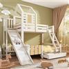 NuvlaGu - Lettino a castello per bambini, 90 x 200 cm e 140 x 200 cm, con scivolo e cassetto, letto a soppalco con scaletta, letto matrimoniale in basso, rete a doghe e protezione anticaduta, bianco