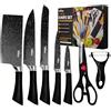 La Moustache - Set di Coltelli 7 Pezzi da Cucina Professionali, Inossidabile e Antiaderenti, Forbici, Pela Verdure, Coltelli da Chef per Pane e Carne, Ergonomici e Prova di Calore (Marmo)