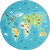 the carpet Happy Life - Tappeto da gioco per bambini, con mappa del mondo, terra, animali, Blu, 200 cm Rotondo